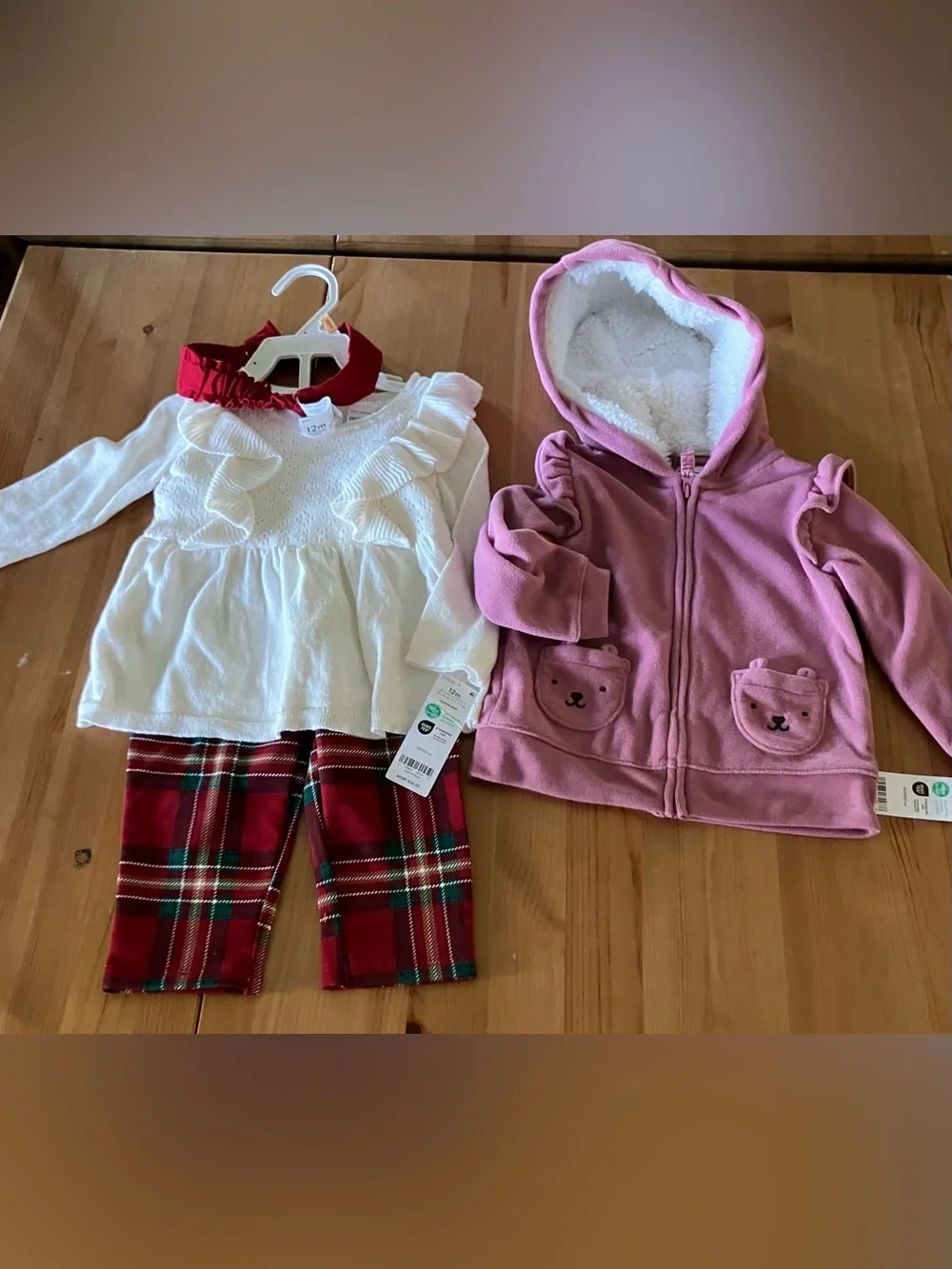 NEW CartersHoliday Outfit Set - Cream Top, Red Plaid Pants & Mauve Hooded Jacket
